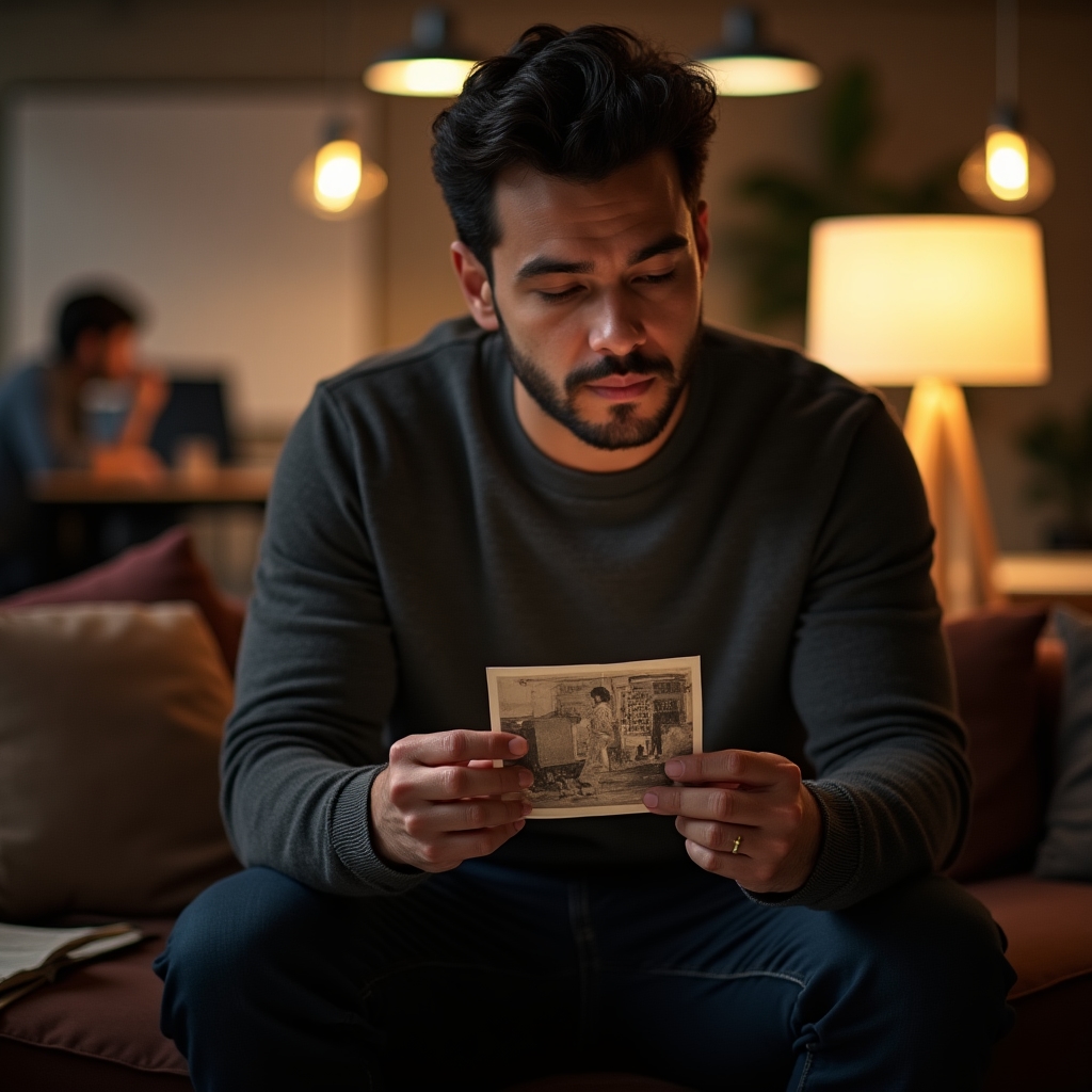 Adult reflecting on childhood memories related to money and family