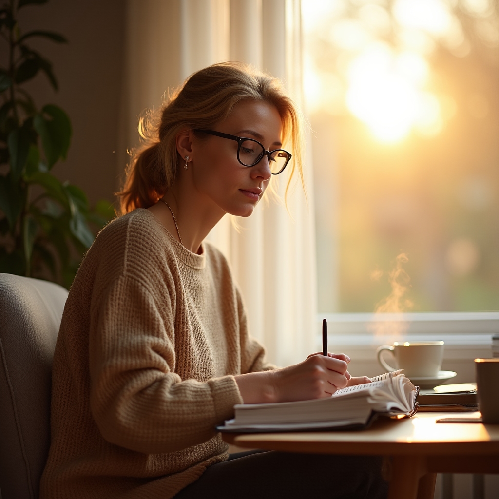 Person engaged in thoughtful self-reflection with notebook in a calm workspace