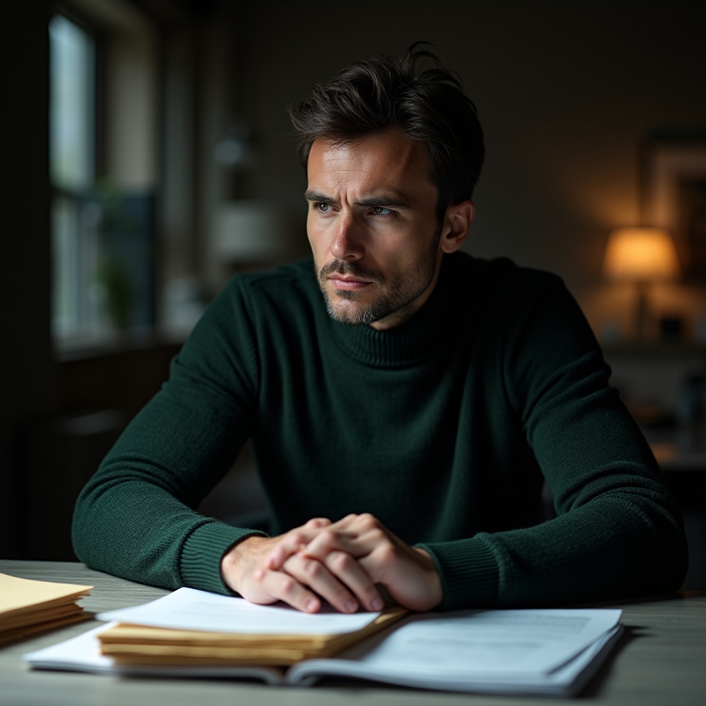 Person avoiding looking at financial documents on a desk