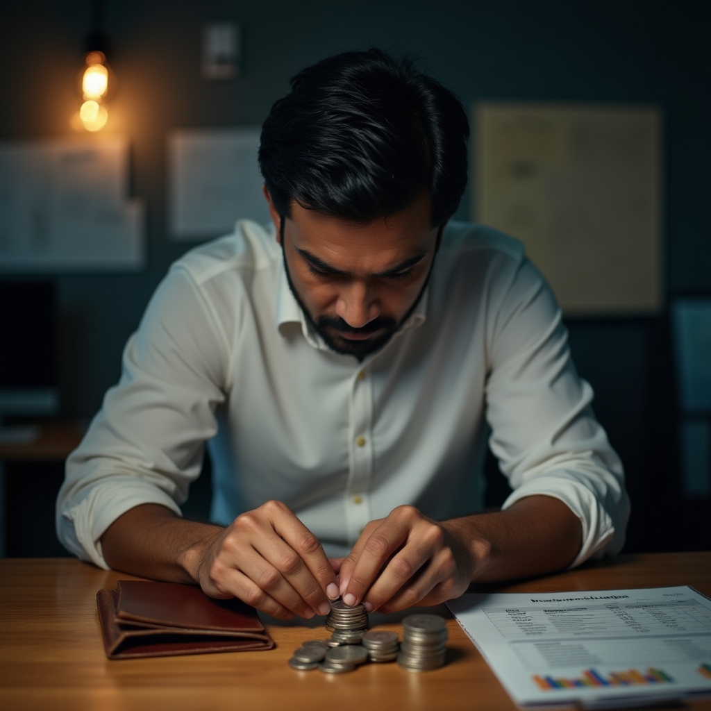 Person carefully counting coins showing financial anxiety and restriction