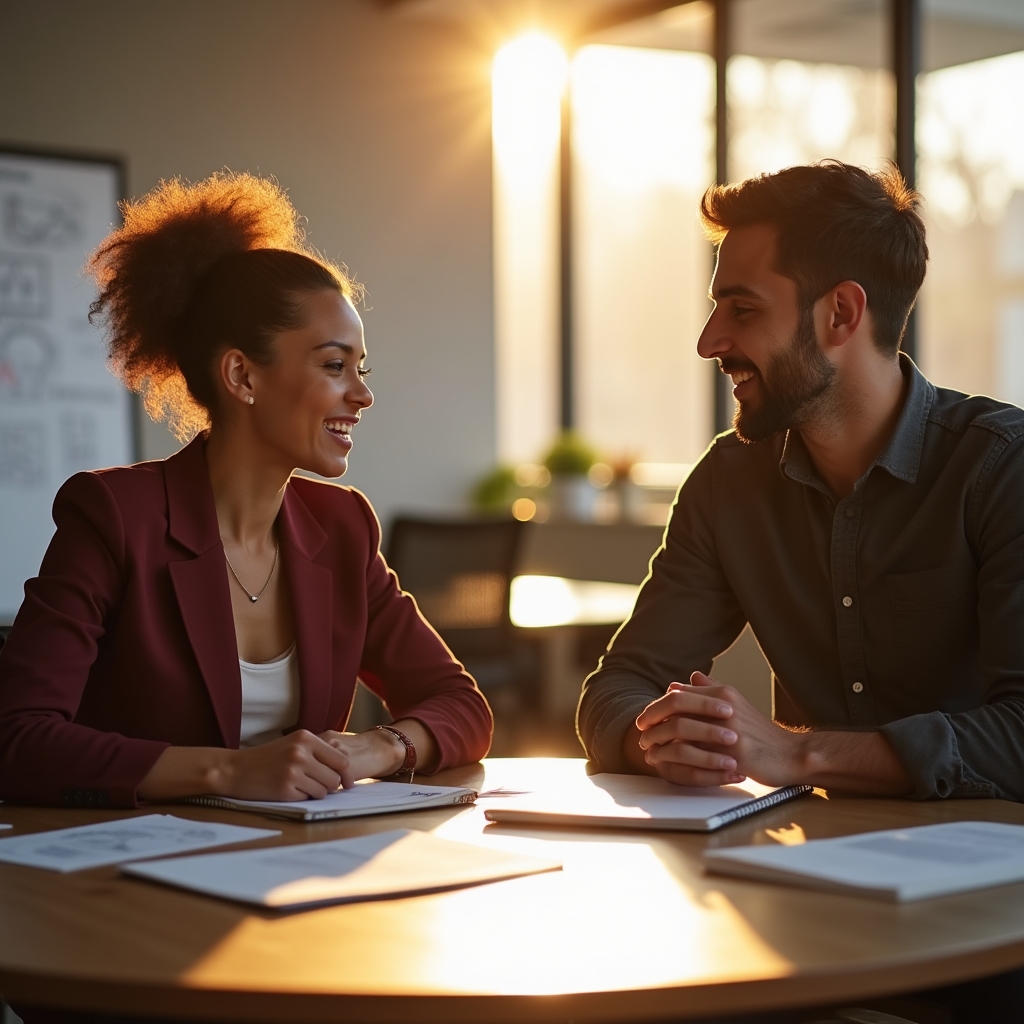 Two professionals in discussion about psychology and financial education in a modern workspace